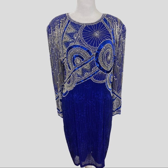 Vintage Dresses & Skirts - Vintage Black Tie Oleg Cassini Blue Silk Beaded Sequin Long Sleeve Dress